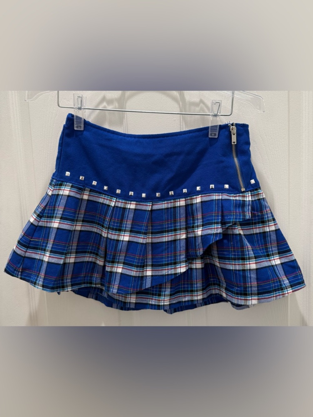 Justice Royal Blue Plaid Ruffle Mini Skirt with Silver Studs